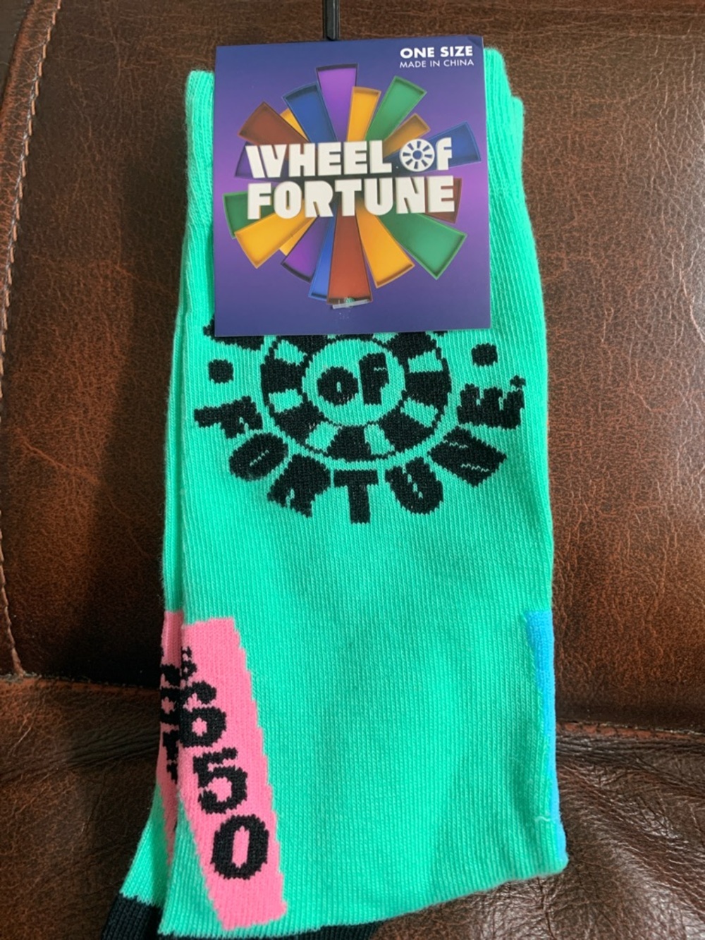 Wheel of Fortune Logo Crew Socks - Turquoise with Pink & Black